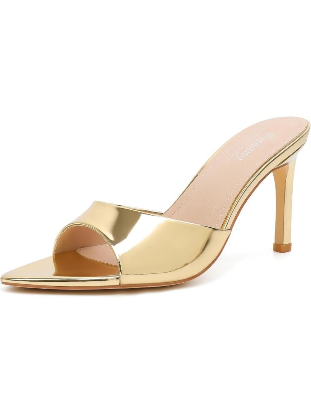 Women's Gold Mesh Mule High Heels Pointed Open Toe Sexy Slip on Casual Shoes